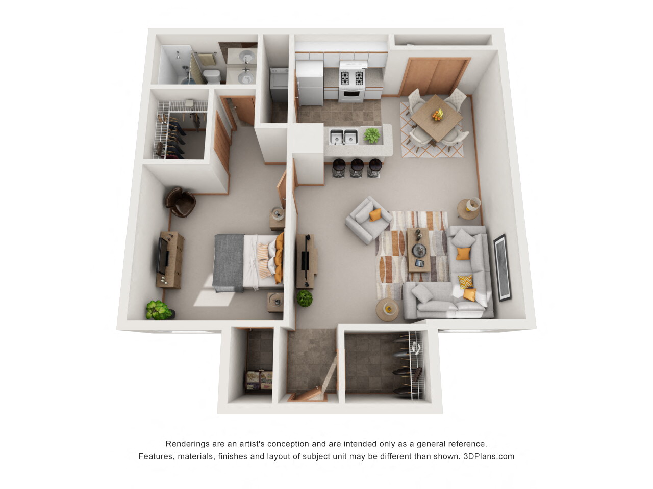 Floor plan for 1 bed, 1 bath, 770 sqft